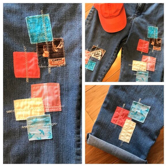 Upcycled Patchwork Capri Jeans: Summer Lake Theme Denim Cropped Pants Size 10-12 - Picture 12 of 12